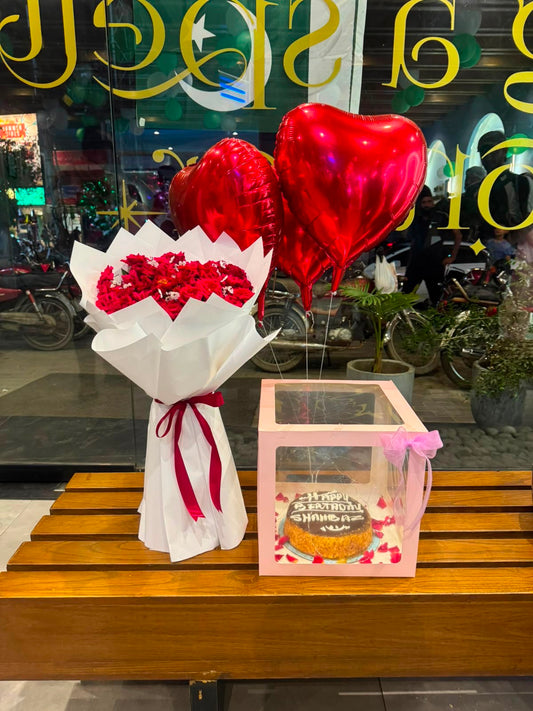 Red rose bouquet with heart balloons and personalized birthday cake in a pink gift box — Flower House Lahore