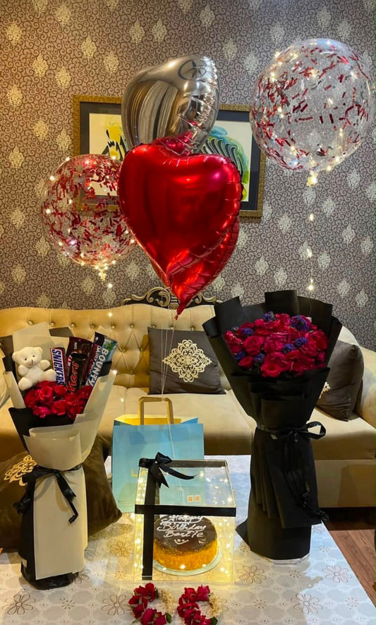 Chocolate bouquet with teddy bear, rose bouquet, birthday cake and confetti balloons — best friend birthday surprise by Flower House Lahore