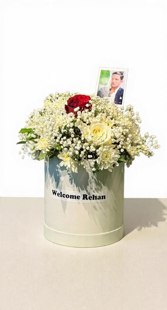 Personalized welcome flower box with white yellow flowers and red rose