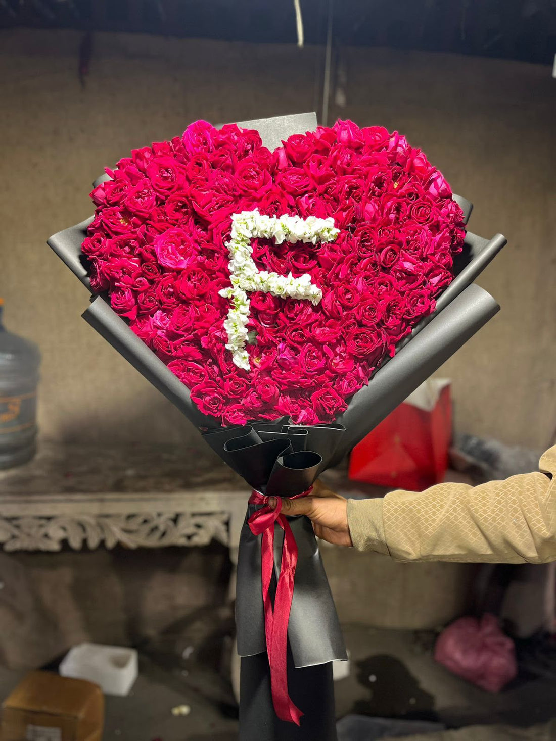 Giant heart-shaped red rose bouquet with personalized white flower initial — Forever in Bloom by Flower House Lahore