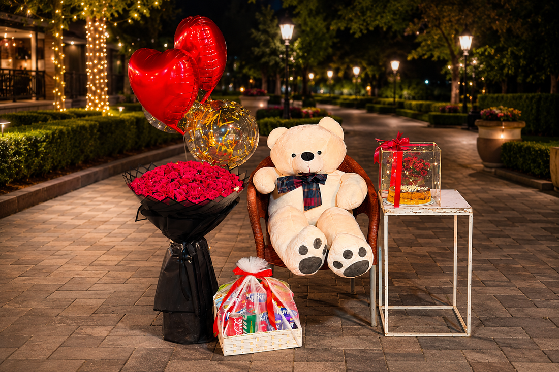 Giant teddy bear with red rose bouquet, heart balloons, gold confetti balloon, personalized cake and snack hamper — gift combo by Flower House Lahore