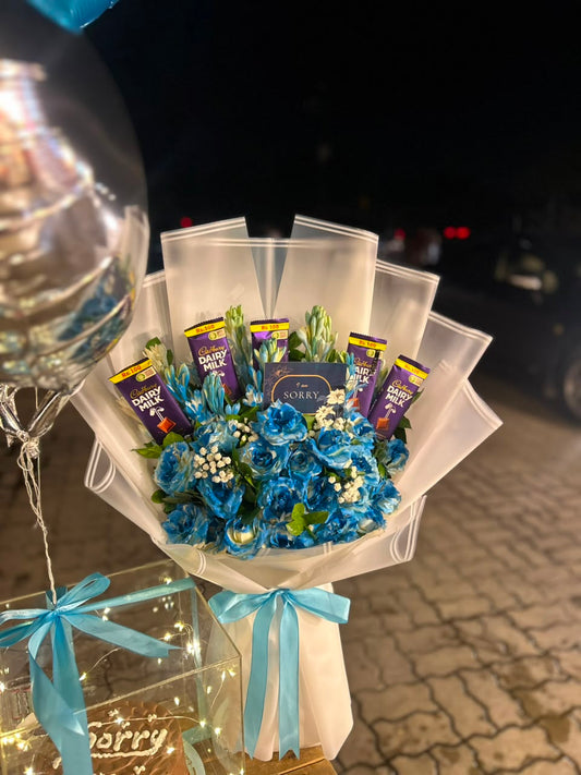 Blue rose and Cadbury chocolate bouquet and heart balloons — Blue Noir combo by Flower House Lahore