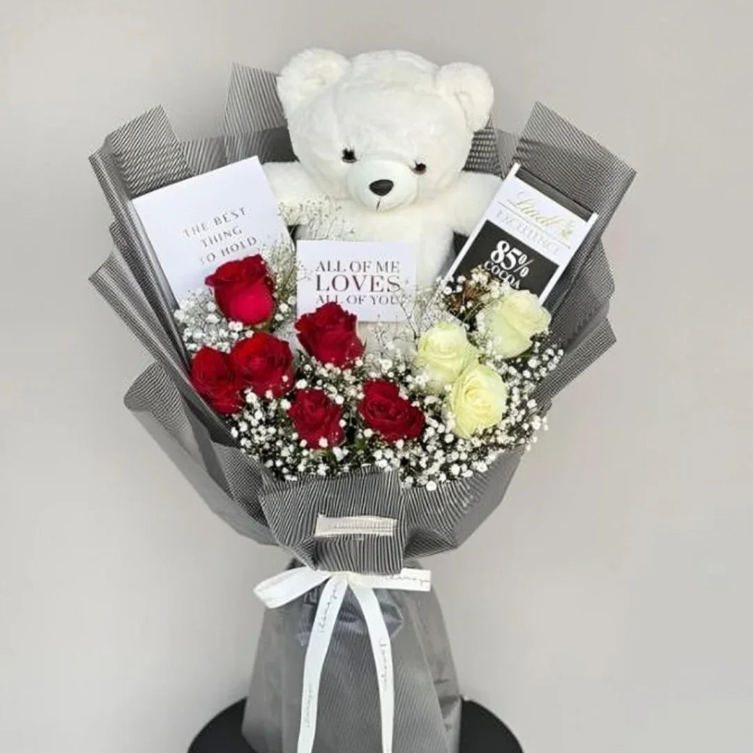 Embrace in Bloom rose, chocolate and teddy gift set