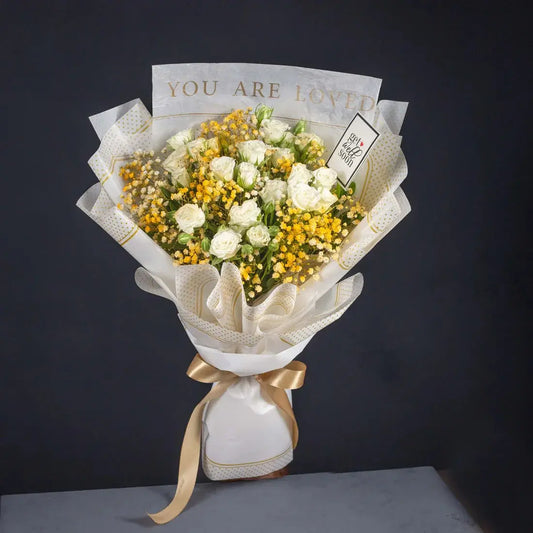Golden Harmony white rose bouquet with yellow flowers
