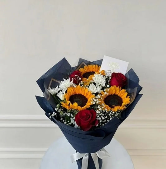 Red rose and sunflowers bouquet