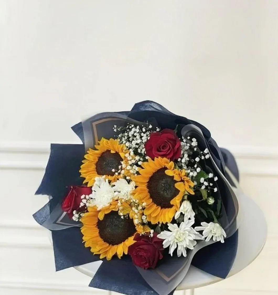 Red Rose and Sunflowers in bouquet wrap - Flower House
