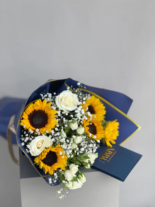 Elegant Father's Day sunflower bouquet wrapped in luxury blue paper
