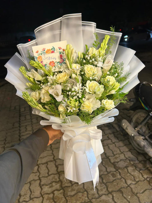 White rose and carnation bouquet with personalized message card — Tender Whisper by Flower House Lahore