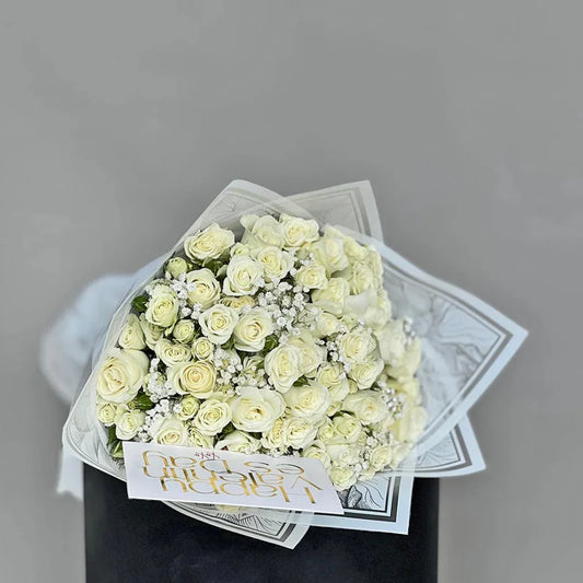 White Eternity grand white rose bouquet by Flower House