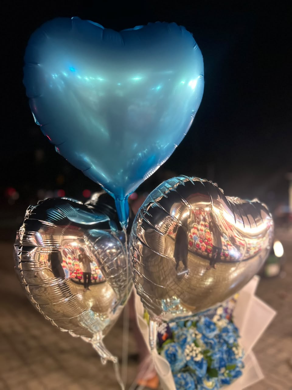 Blue rose and Cadbury chocolate bouquet with personalized heart balloons — Blue Noir combo by Flower House Lahore